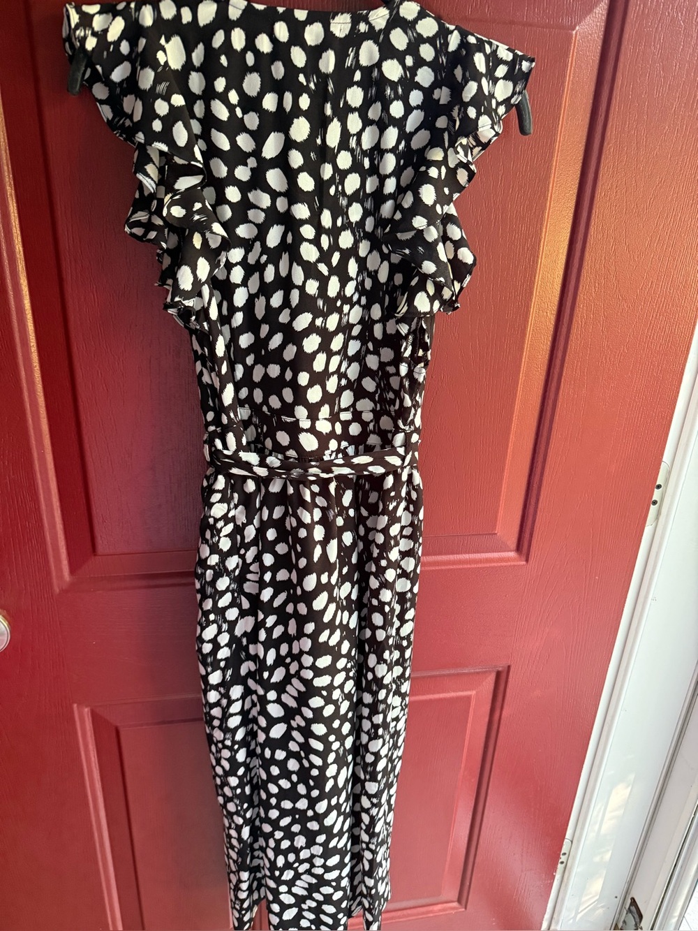 Glamorise Black and White Dot Ruffle-Sleeve Midi Dress